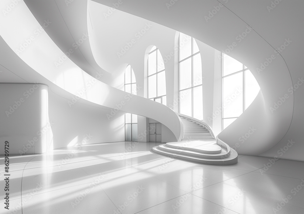 Obraz premium A bright, all-white interior with a flowing staircase and large arched windows.