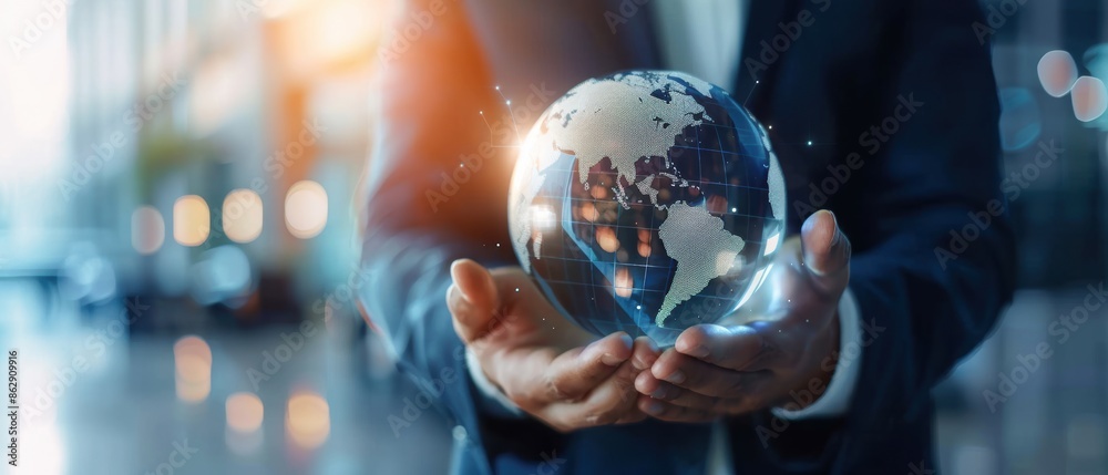 Businessman holding a globe, pointing at Asia, representing world in hand of finance and business strategy, high resolution
