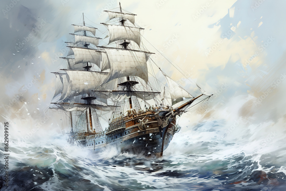 Obraz premium A majestic sailing ship braves stormy seas with full sails billowing in the wind, city in the distance. Painting Art.