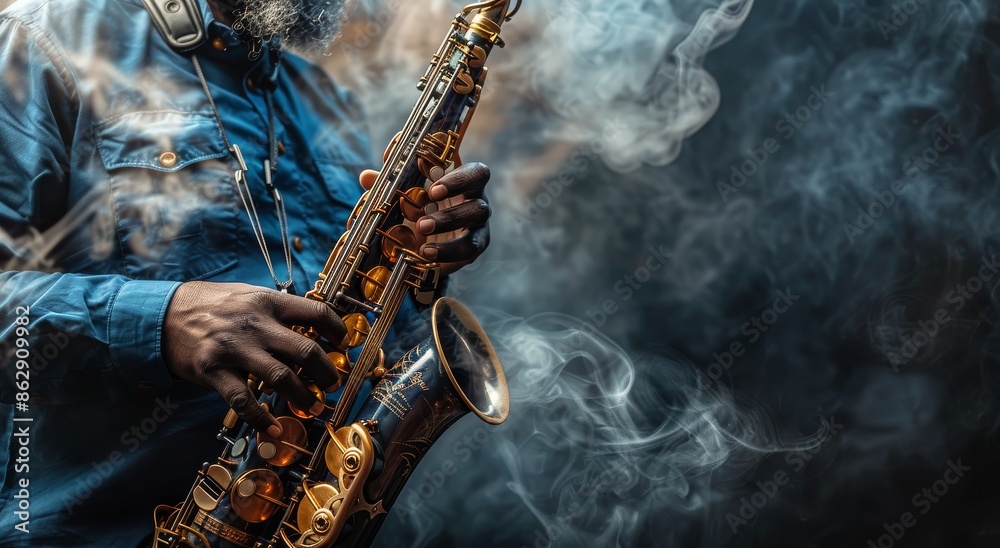 Obraz premium Senior Musician Playing Saxophone Surrounded by Smoke in a Studio