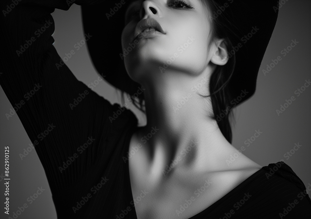 A woman wearing a black hat and outfit poses with a tilted head in a dramatic black and white portrait.
A woman wearing a black hat and outfit poses with a tilted head in a dramatic black and white portrait.
