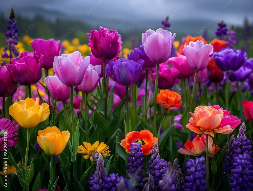 Obraz premium Vibrant spring garden with colorful tulips and various flowers blooming under cloudy skies, creating a picturesque floral landscape.