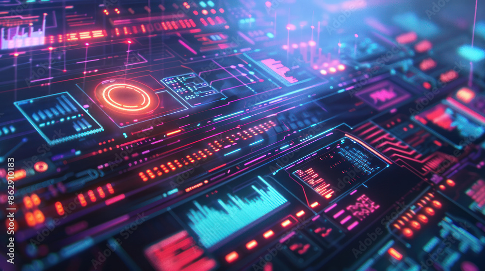 Futuristic digital interface with holographic elements Futuristic digital interface with holographic elements