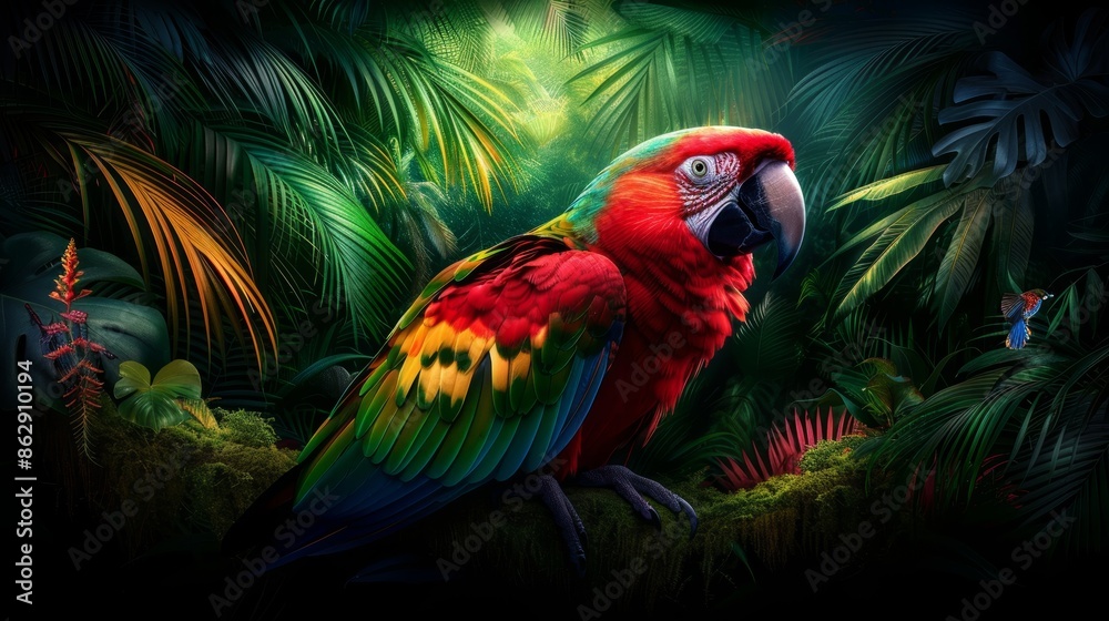 Vibrant tropical parrot perched on a branch in a lush jungle, illuminated in bold, striking colors. Vibrant tropical parrot perched on a branch in a lush jungle, illuminated in bold, striking colors.