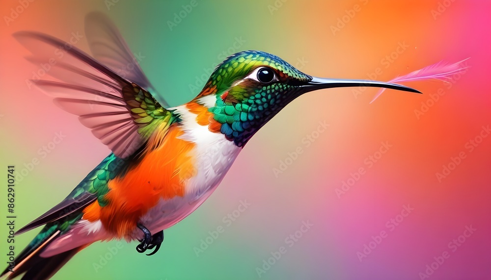 Fototapeta premium Hummingbird with a slender, elongated beak. The bird's feathers are a stunning combination of rich orange and vivid green hues