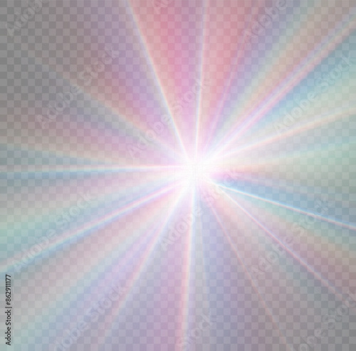 Rainbow crystal star. Crystal ray light, sun shines rainbow red yellow and blue color. Optical fire light effect. Vector lens glare leakage glare reflection effect. Sparkle shine. Sunlight