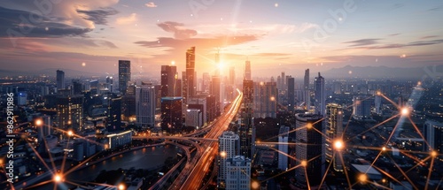 Wallpaper Mural Modern city skyline with busy highways, light trails from traffic, evening rush hour, dynamic urban scene, high resolution and vibrant Torontodigital.ca