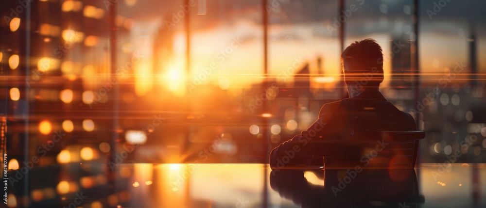 Fototapeta premium Tech entrepreneur strategizing in a high-rise office, cityscape at sunset