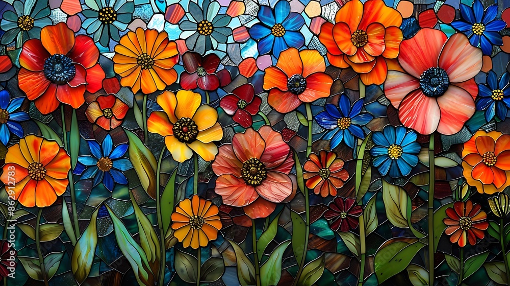 A stained glass mosaic of a flower garden, intricate and colorful floral designs, multiple types of flowers, vibrant and detailed, capturing the beauty of a blooming garden, hd quality, natural look - A stained glass mosaic of a flower garden, intricate and colorful floral designs, multiple types of flowers, vibrant and detailed, capturing the beauty of a blooming garden, hd quality, natural look -