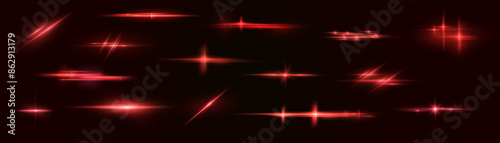 Light red effect reflections, neon illumination in red colors. Bright light lens. Police light effects, lines. Shiny stars, glowing sparks on a black background. Vector red light effect