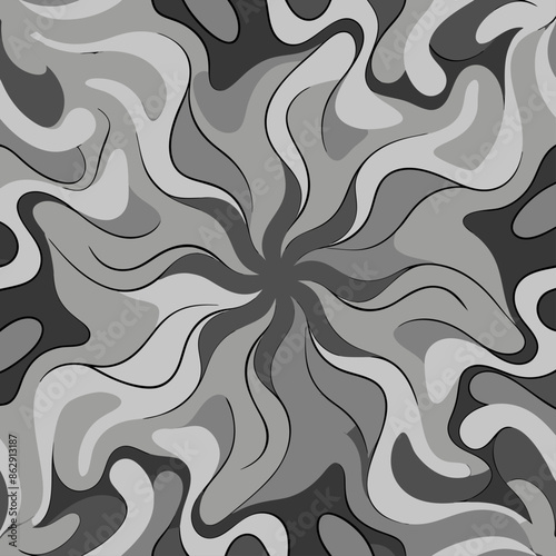 Abstract organic pattern in shades of gray with swirling shapes. Monochromatic and dynamic design ideal for backgrounds, textiles, and modern decor