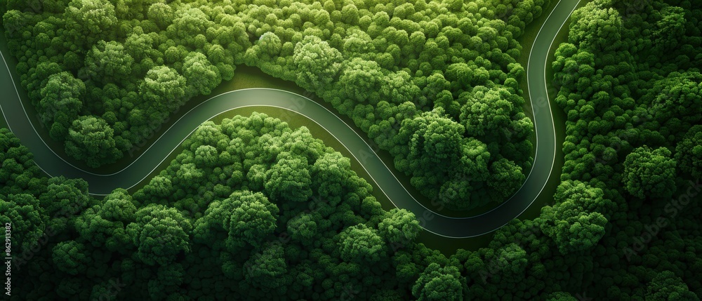 Fototapeta premium Winding road through a green forest, aerial view, sustainability journey, high resolution and detailed
