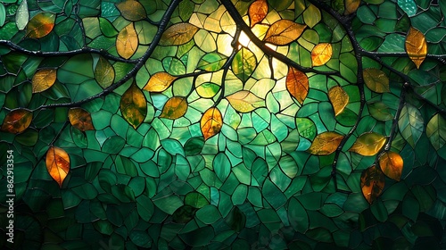 A stained glass mosaic of a forest canopy, emphasizing the beauty of leaves and branches, sunlight filtering through, rich green tones, detailed and intricate, hd quality, natural look --ar 16:9 --v 6