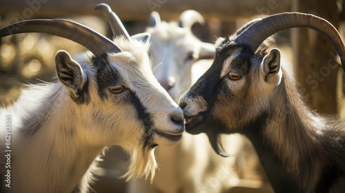 Goats playfully head-butting each other in an enclosed pen at an eco-friendly petting zoo. photo