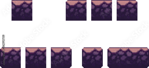 Pixel art ground platform set. Cave land and game props. Retro 8-bit dungeon tile. Isolated vector sprite set.