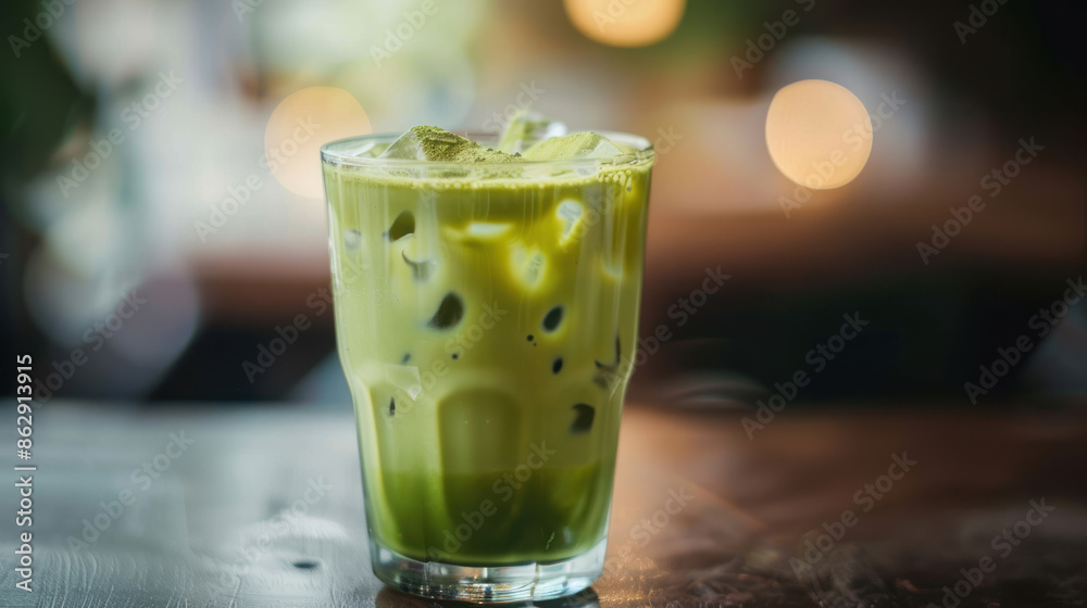 Iced matcha tea with milk in a clear glass Iced matcha tea with milk in a clear glass