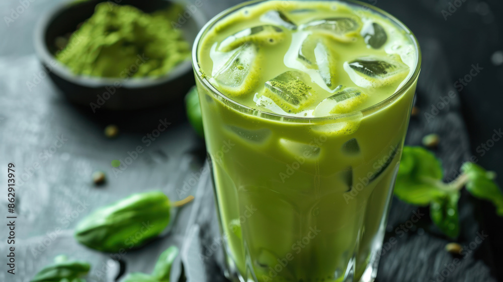 Iced matcha tea with milk in a clear glass Iced matcha tea with milk in a clear glass
