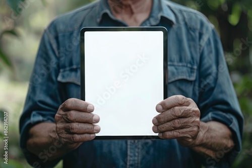 Device screen seen from a shoulder of a middle-aged man holding an ebook with a completely white screen