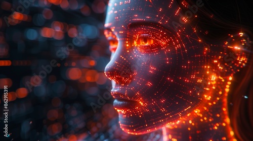 Close Up of a Digital Human Face Illuminated by Red Lights