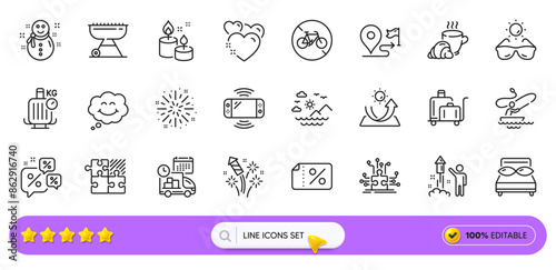 Fireworks explosion, Discounts chat and Sea mountains line icons for web app. Pack of Snowman, Fireworks, Grill pictogram icons. Discount banner, Journey, Coffee break signs. Sunglasses. Vector