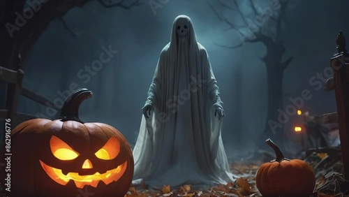 Close up of ghost and pumpkin, concept for halloween day celebration. AI generative