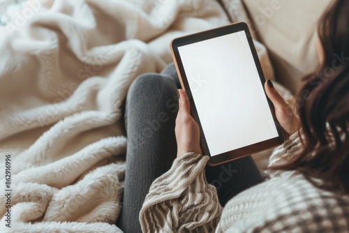 App mockup shoulder view of a adult woman holding an ebook with a fully white screen