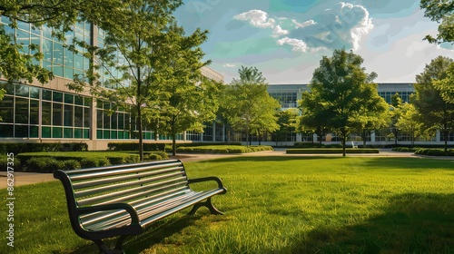 bench trees lawn green park office Modern building complex commercial exterior business architecture campus facility school industrial work workplace corporate university outside.