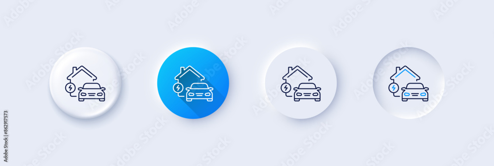Charging station line icon. Neumorphic, Blue gradient, 3d pin buttons. Home car charger sign. Electric power symbol. Line icons. Neumorphic buttons with outline signs. Vector Charging station line icon. Neumorphic, Blue gradient, 3d pin buttons. Home car charger sign. Electric power symbol. Line icons. Neumorphic buttons with outline signs. Vector