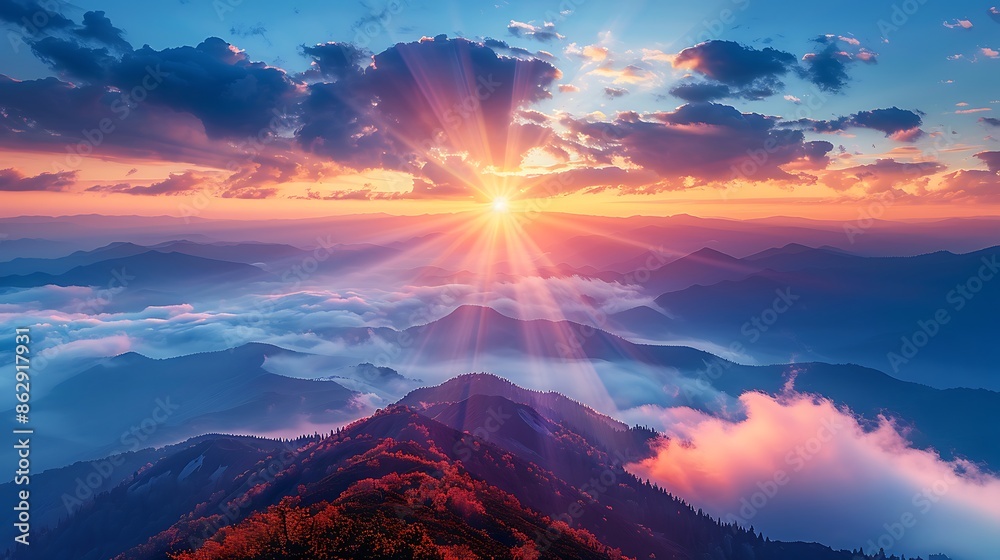 Serene sunrise over a misty mountain range with light rays piercing through the fog Serene sunrise over a misty mountain range with light rays piercing through the fog