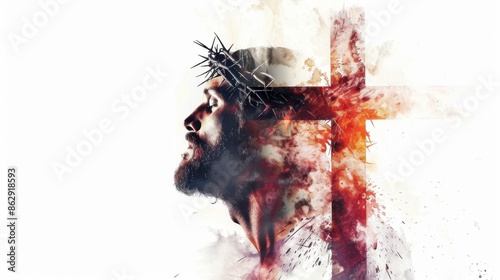 double exposure of the face of Jesus and a cross on white background