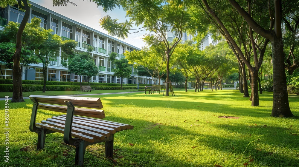 bench trees lawn green park office Modern building complex commercial exterior business architecture campus facility school industrial work workplace corporate university outside.