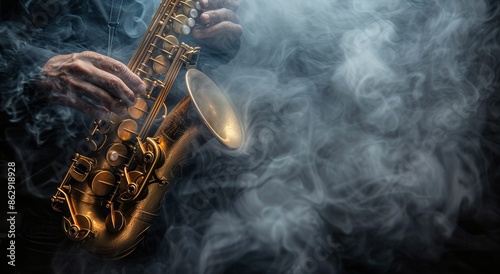 Musician Playing Saxophone in Smoky Atmosphere