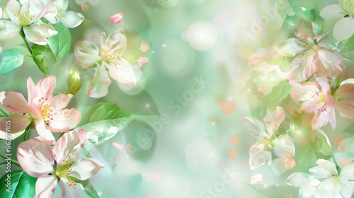 Spring-themed background with pastel flowers and green leaves
