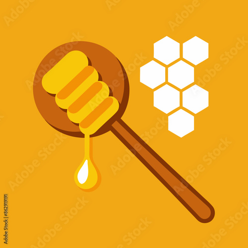 Vector illustration of a honey dipper dripping honey with a honeycomb background. Bright and appealing design perfect for branding, packaging, and advertising