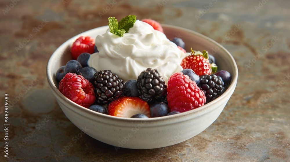 Indulgent Berries and Cream Delight: A Refreshing Mix of Juicy Berries and Fluffy Whipped Cream for a Summery Treat