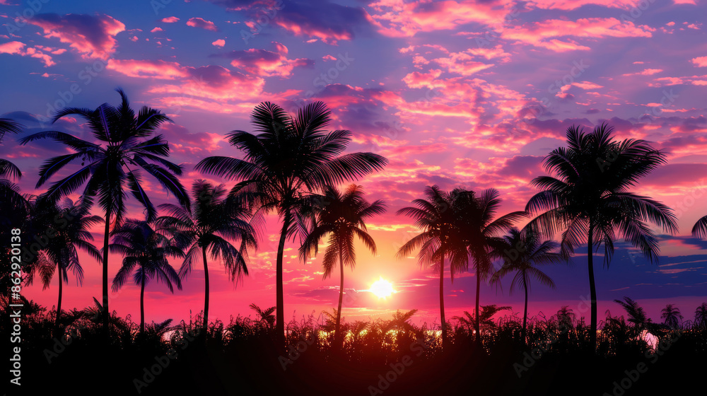 Obraz premium Summer background with a sunset sky and silhouette of palm trees