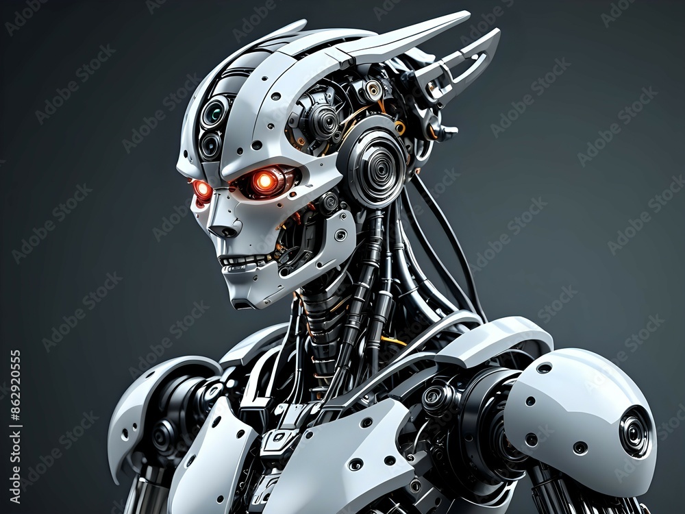 Close-up of a robotic head with red glowing eyes. Close-up of a robotic head with red glowing eyes.