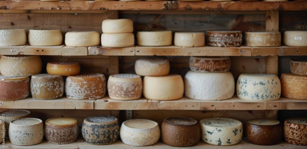 Rows of Aged Cheese Wheels on Wooden Shelves in a Shop