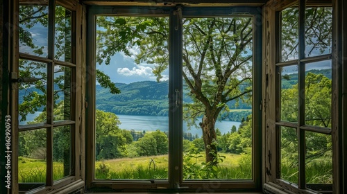 View from the window, green trees, landscape with lake. 