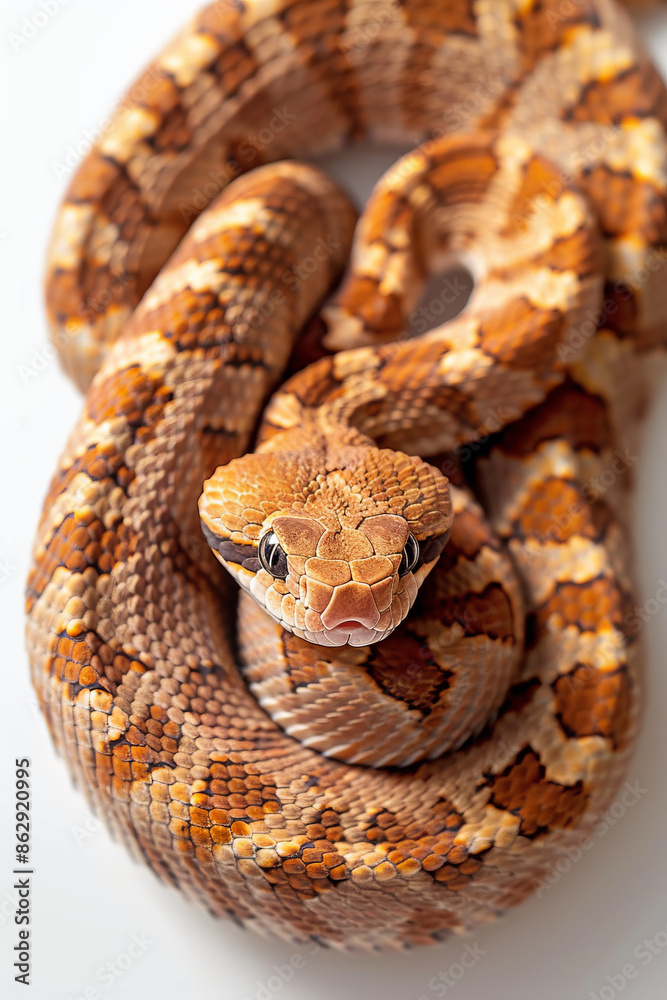 Venomous copperhead snake native to North America with distinctive coloration and ambush predator behavior.