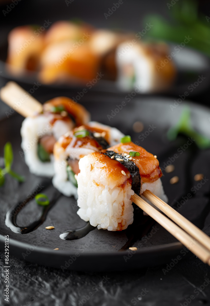 Close-Up of Japanese Hosomaki Sushi with Chopsticks on Beige and Blue Background