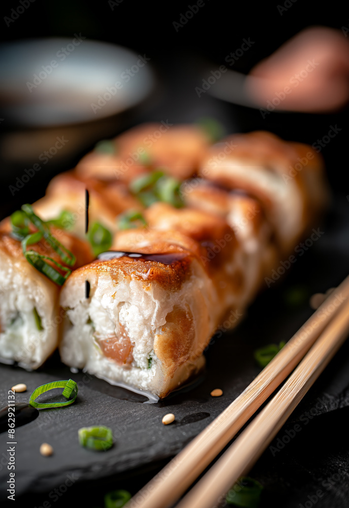 Close-Up of Japanese Hosomaki Sushi with Chopsticks on Beige and Blue Background Close-Up of Japanese Hosomaki Sushi with Chopsticks on Beige and Blue Background