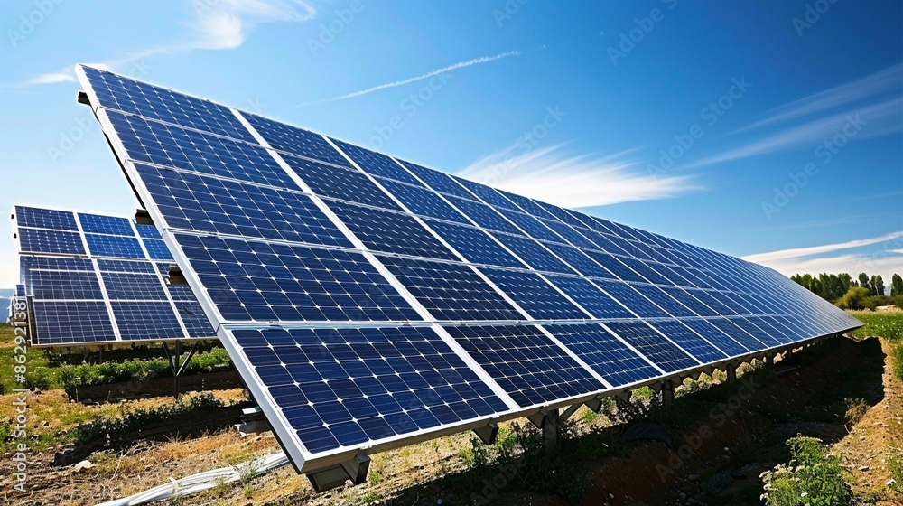 Solar panels set in a field under a bright blue sky, capturing renewable energy from sunlight to generate electricity, promoting sustainable energy solutions for a cleaner planet. Solar panels set in a field under a bright blue sky, capturing renewable energy from sunlight to generate electricity, promoting sustainable energy solutions for a cleaner planet.