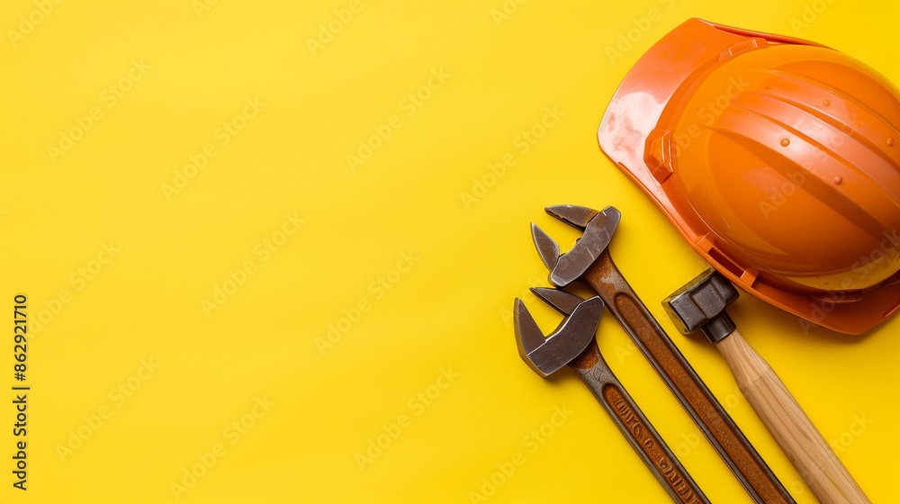 Minimalist Labor Day concept featuring brown construction tools on a plain yellow background, perfect for ads. Minimalist Labor Day concept featuring brown construction tools on a plain yellow background, perfect for ads.