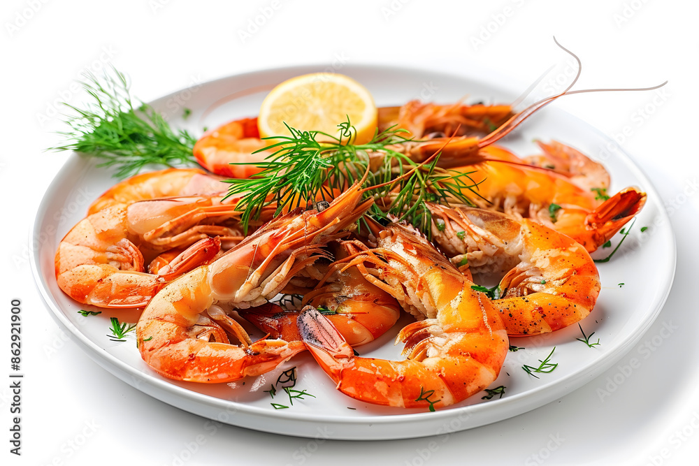 Delicious shrimps on white plate isolated on white background Delicious shrimps on white plate isolated on white background