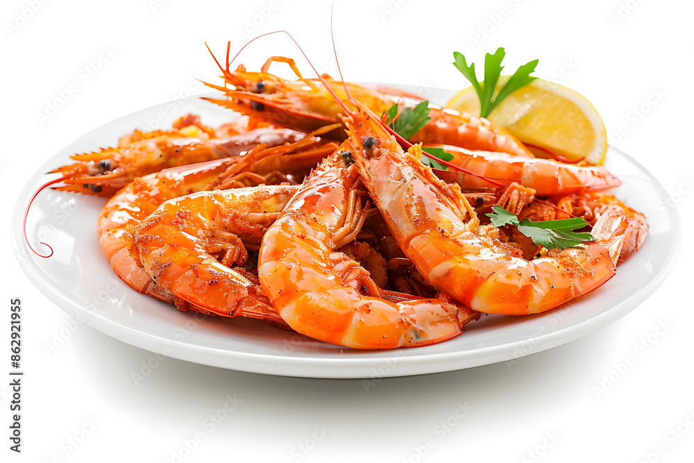 Delicious shrimps on white plate isolated on white background Delicious shrimps on white plate isolated on white background