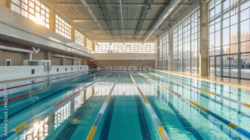 Indoor Olympic-sized swimming pool with crystal clear water, reflecting sunlight through large windows, creating a serene and inviting atmosphere for swimmers to practice or compete.