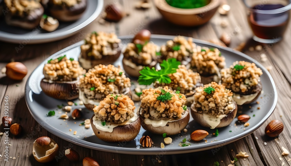 Stuffed mushrooms with cream cheese, bread crumbs and nuts on plate over wooden background.
Stuffed mushrooms with cream cheese, bread crumbs and nuts on plate over wooden background.