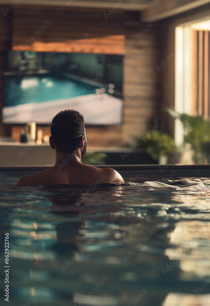 Young Man Relaxing in Indoor Pool, Watching Large Television, All-Weather Swimming Pool