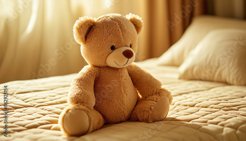 A teddy bear in the foreground on a bed with a light yellow quilt, in the bedroom, with empty space for text. photo